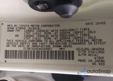 2004 Lexus Gx 470 from USA, damaged, VIN JTJBT20X240028927